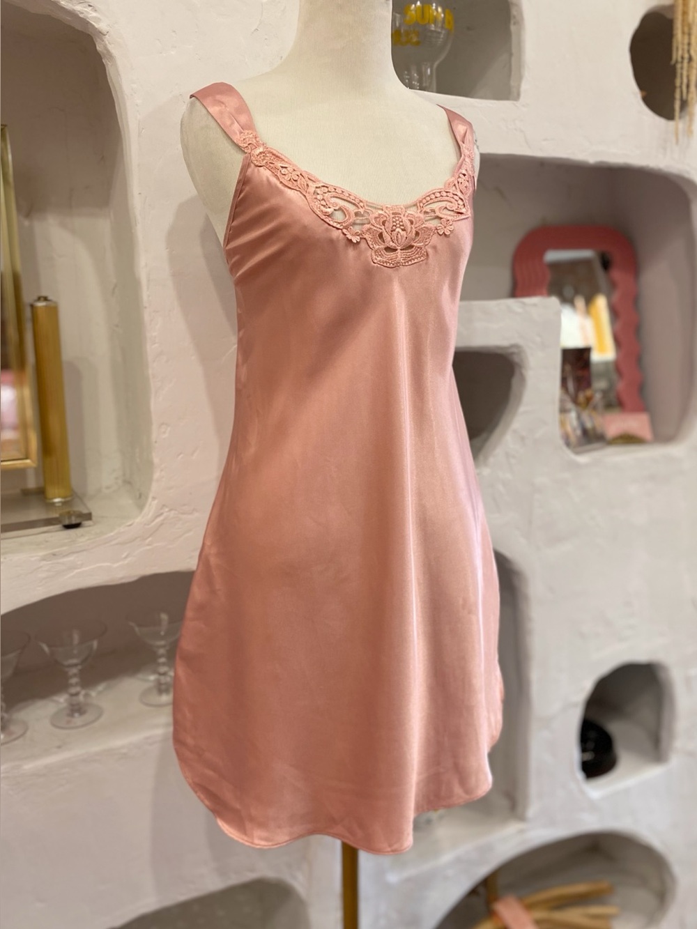 Y2K Vintage Silky Satin Lace Cut Out Trim Slip Dress
